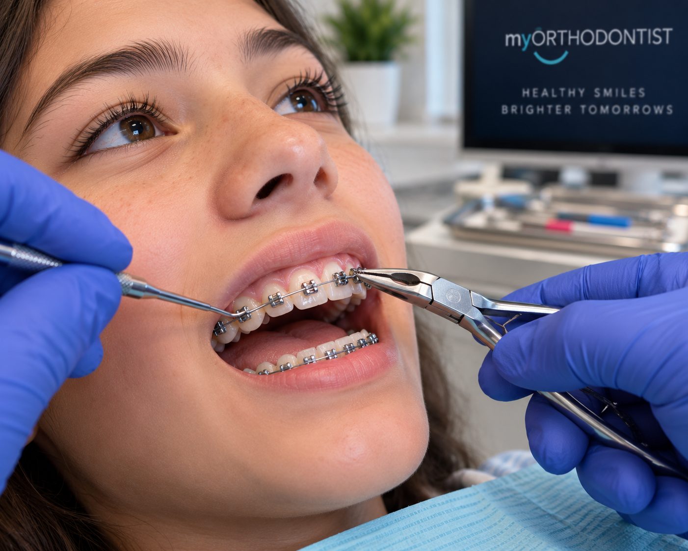An orthodontist using a ligature instrument to change the archwire on a patient with metal braces.