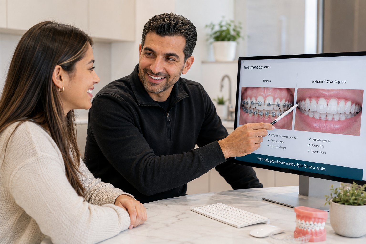 An adult patient discussing braces and clear aligner options with her orthodontist.