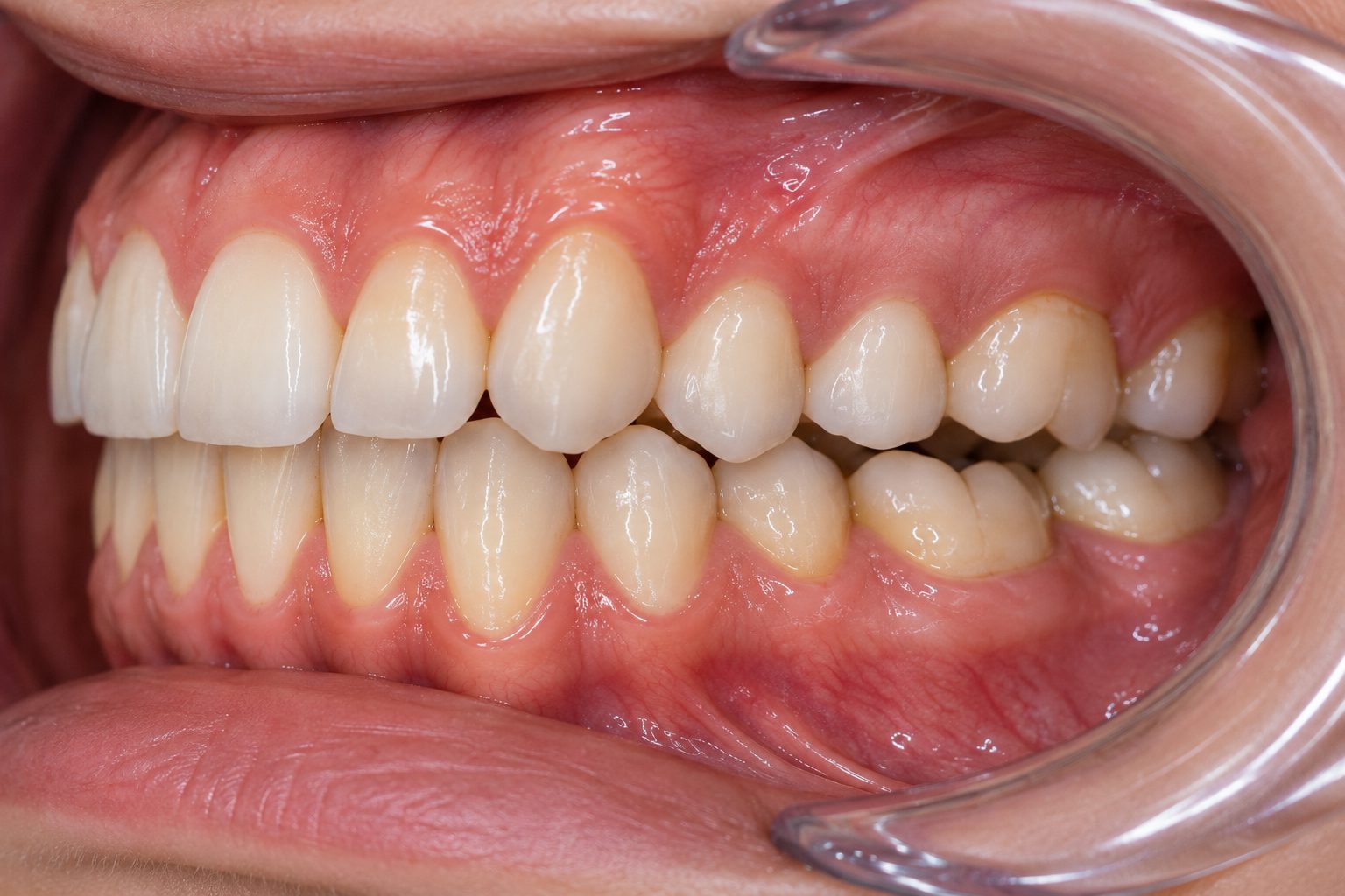 Side view of teeth with a cheek retractor: the front teeth are well aligned but the upper and lower back teeth do not meet evenly.
