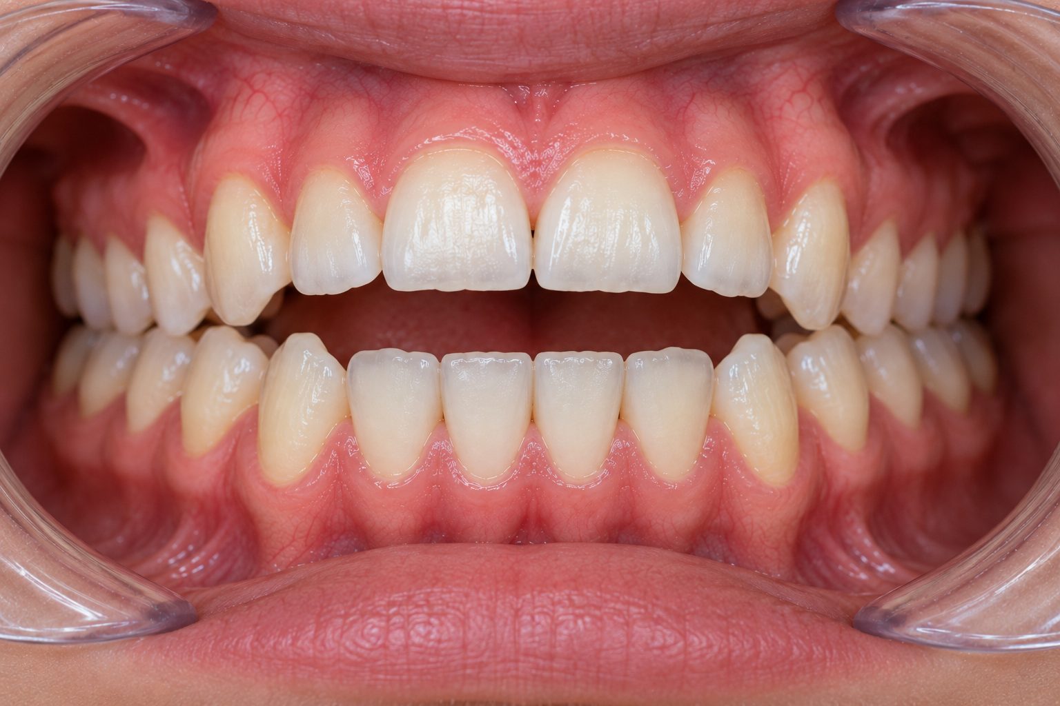 Front view of teeth biting together with a clear vertical gap between the upper and lower front teeth.