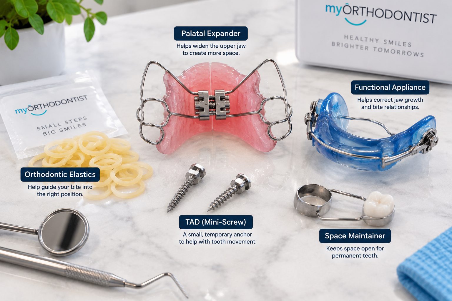 Orthodontic appliances laid out on a bench: a palatal expander, a functional appliance, two temporary anchorage mini-screws, a band-and-loop space maintainer and a bag of elastics.