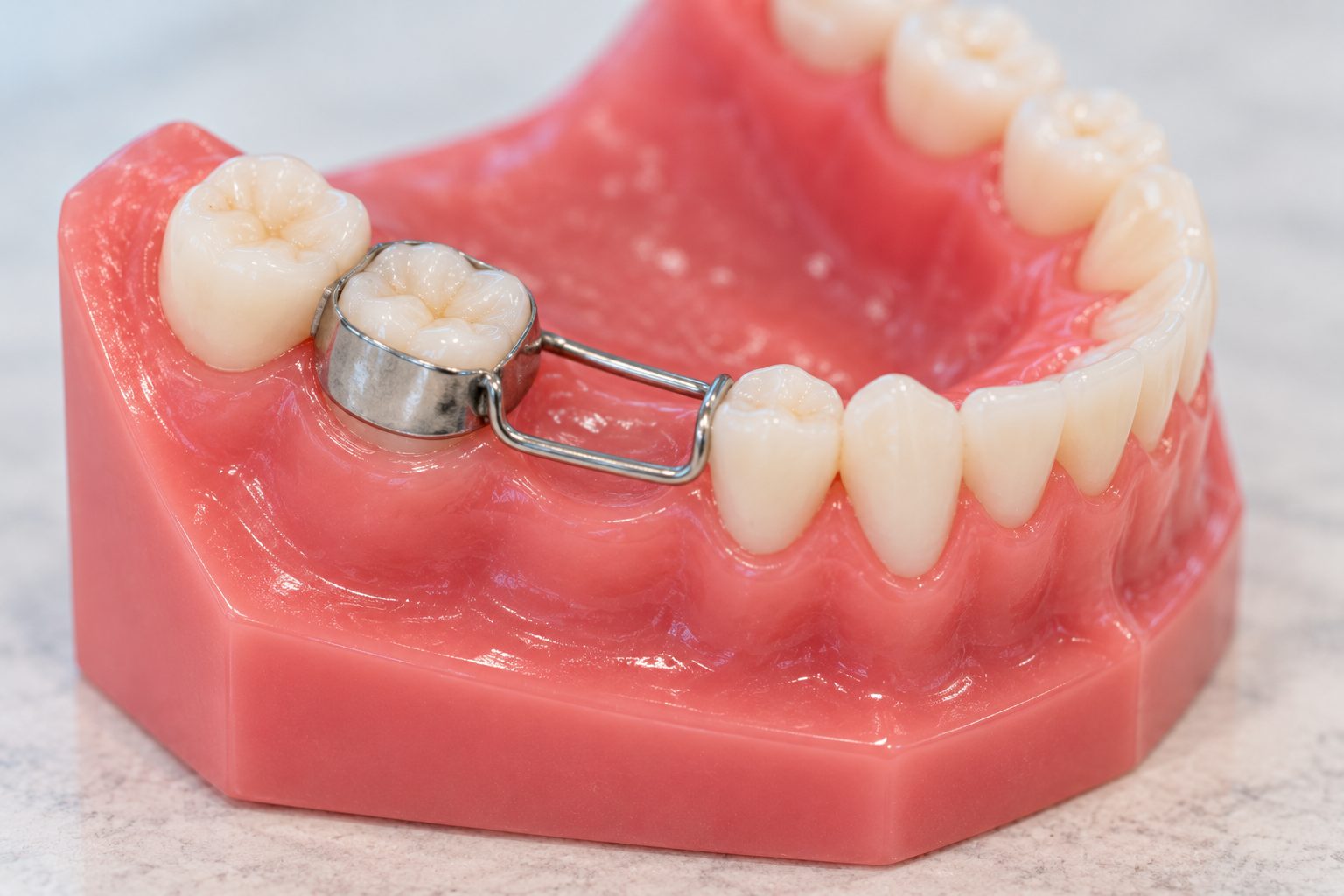 A band-and-loop space maintainer on a model: a metal band around a molar with a wire loop bridging the gap where a baby tooth has been lost.