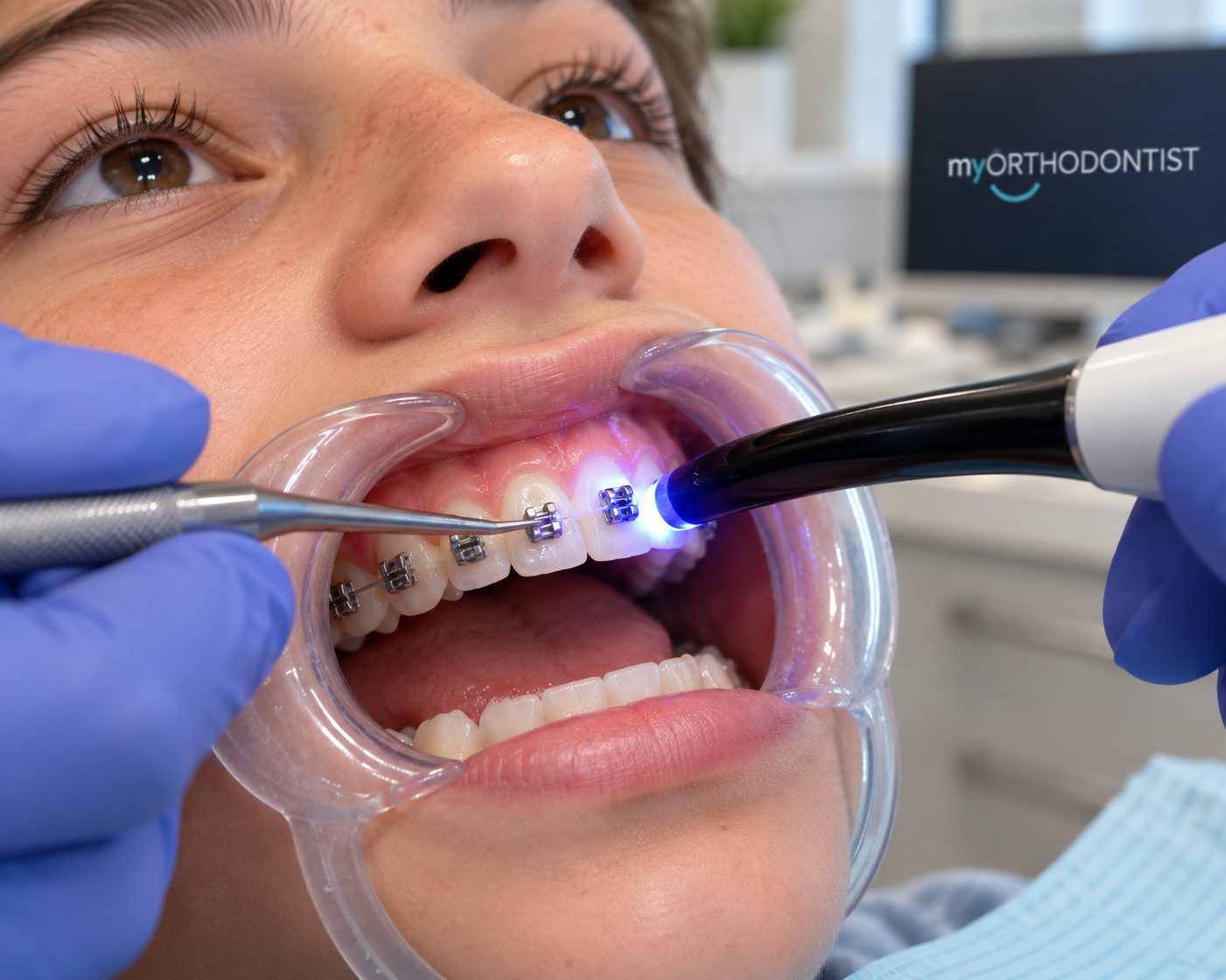 A curing light setting the adhesive under a newly placed bracket, with a cheek retractor holding the lips clear.