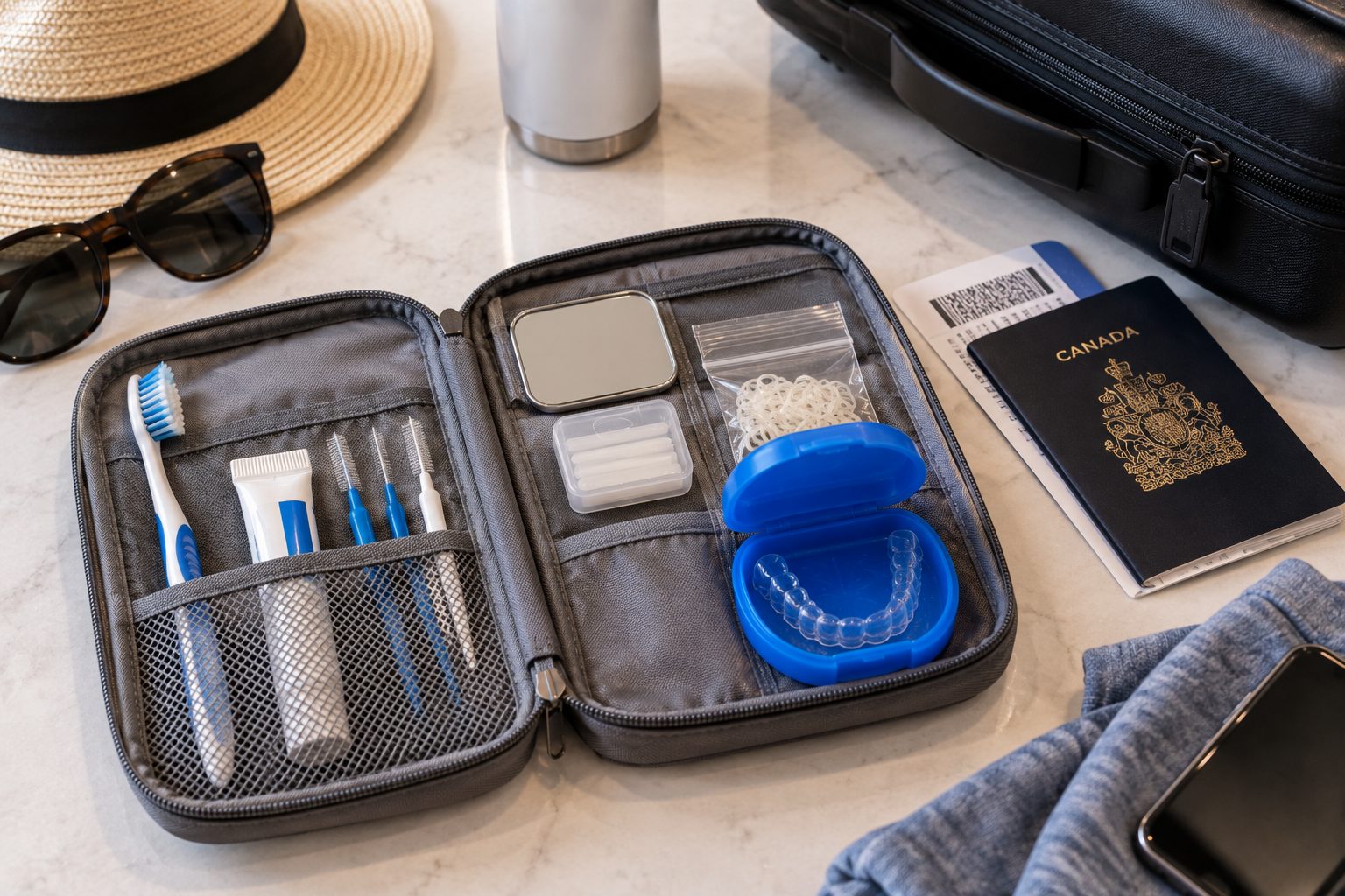An open travel pouch with a toothbrush, floss threaders, interdental brushes, orthodontic wax and a retainer case, beside a passport and sunglasses.