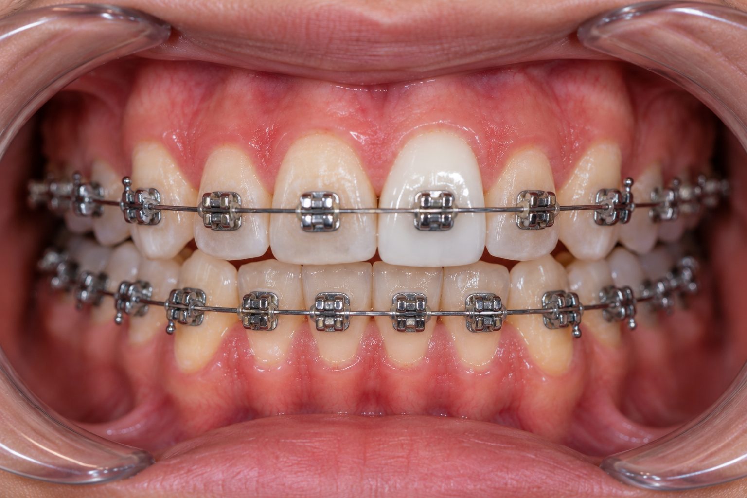 Metal braces on upper and lower teeth; one upper front tooth is a ceramic crown, visibly brighter than the teeth beside it.