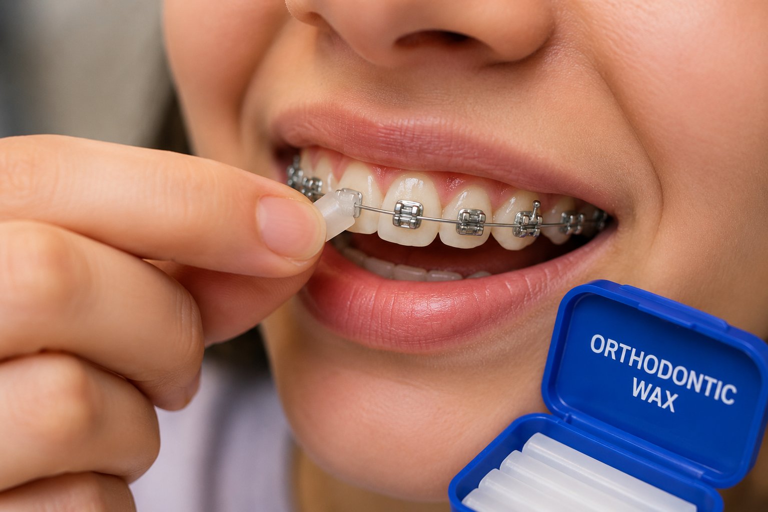 Orthodontic wax being pressed over a bracket to stop it rubbing the lip.