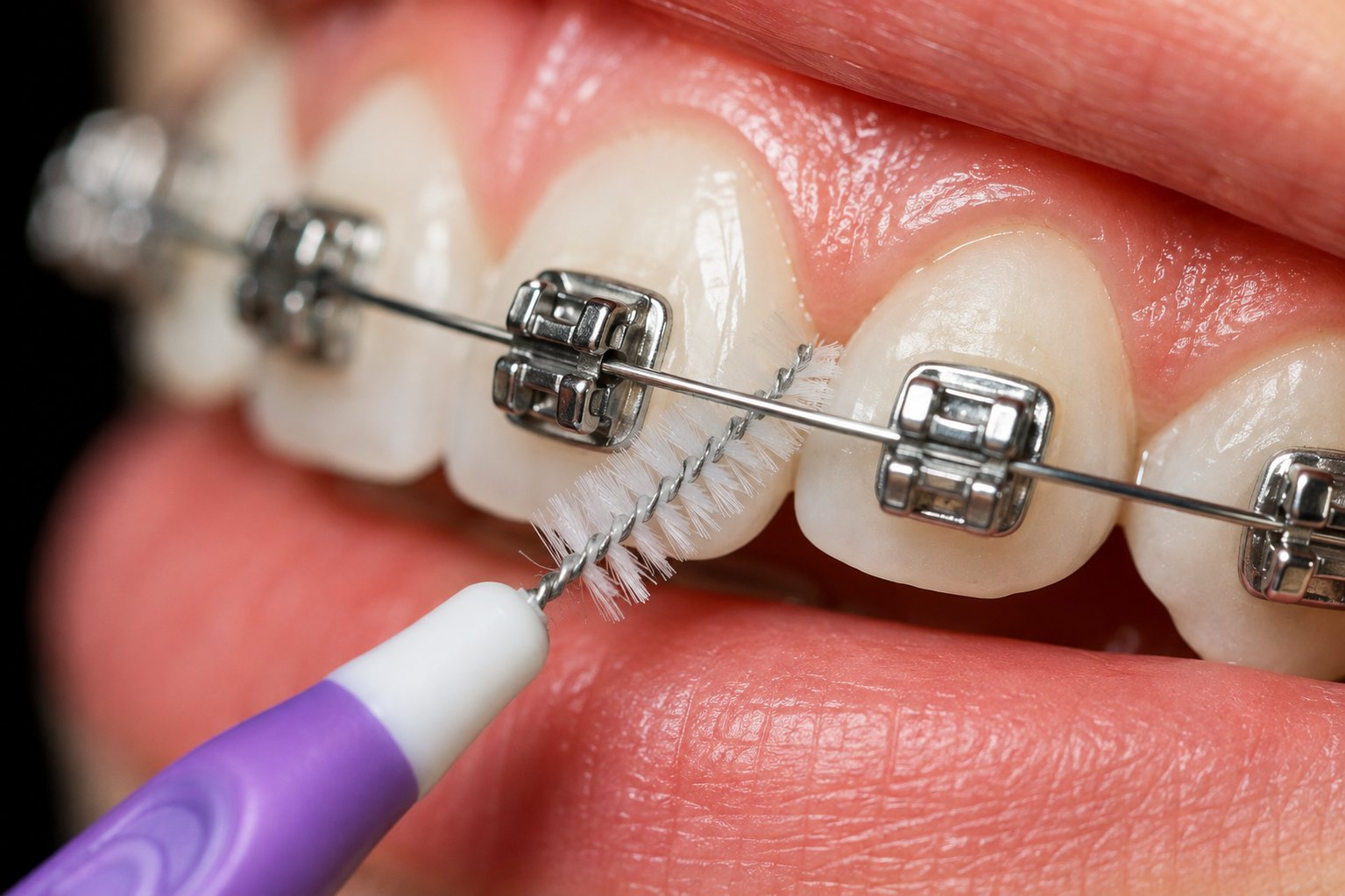 An interdental brush cleaning under the archwire between two brackets.