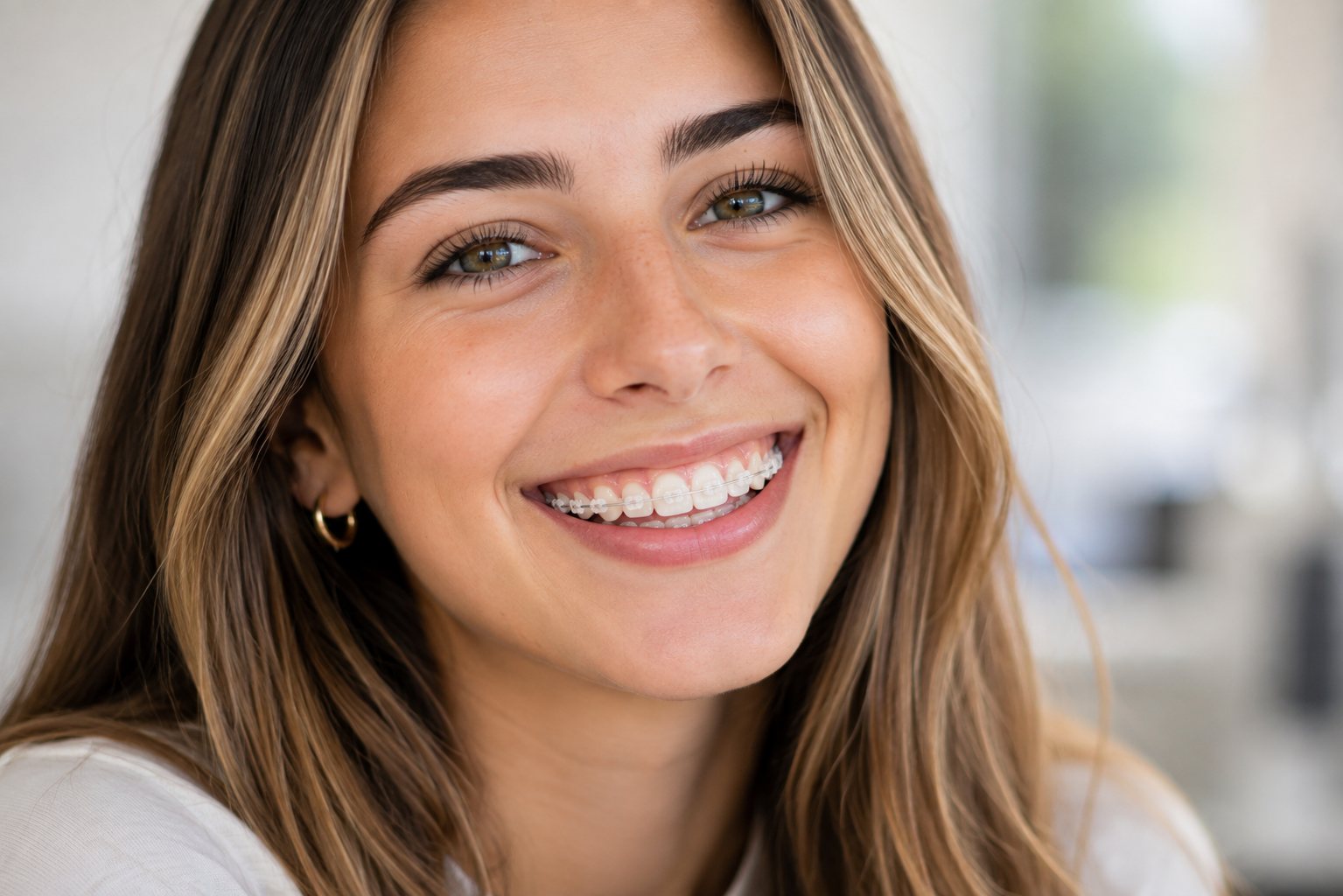 Young woman smiling with tooth-coloured ceramic braces.