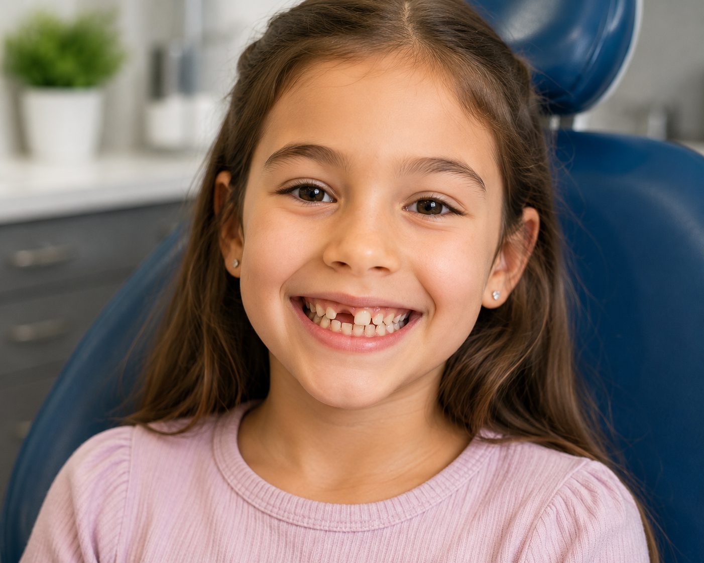 A young child of about eight smiling in the dental chair, with a mix of baby and adult teeth and a gap where one has recently come out.