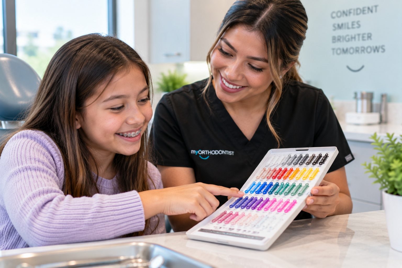 A young patient and a clinical assistant looking at a colour wheel of elastic ligature ties in the clinic.