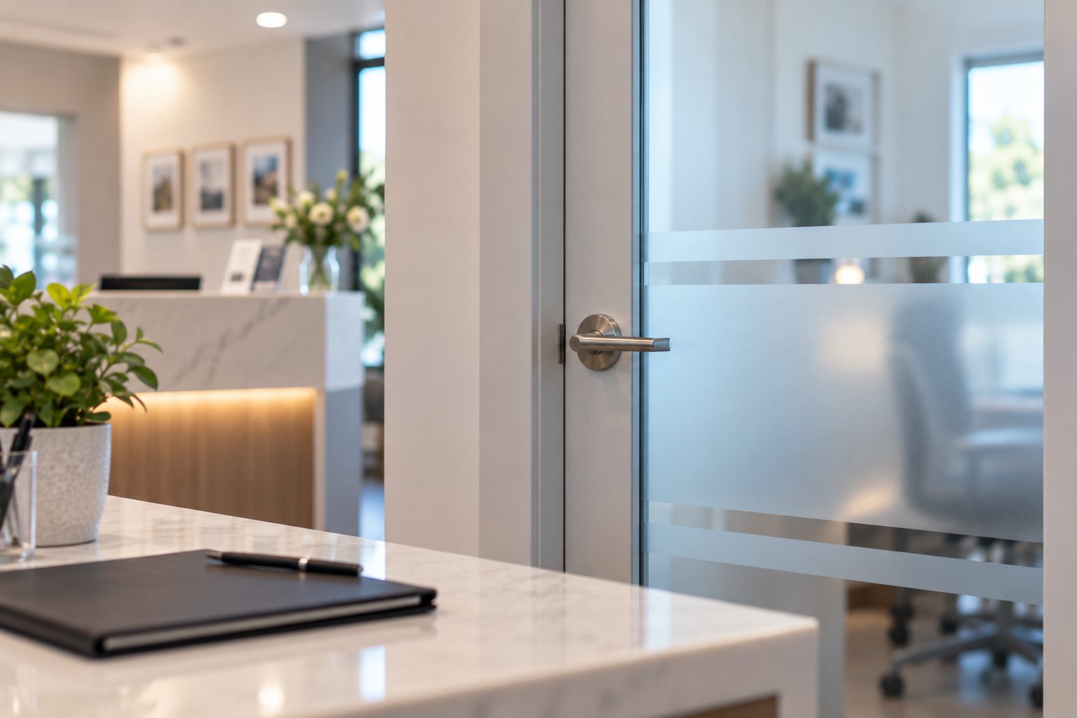 A quiet clinic reception area with a frosted-glass consultation room door and a closed folder on the counter.