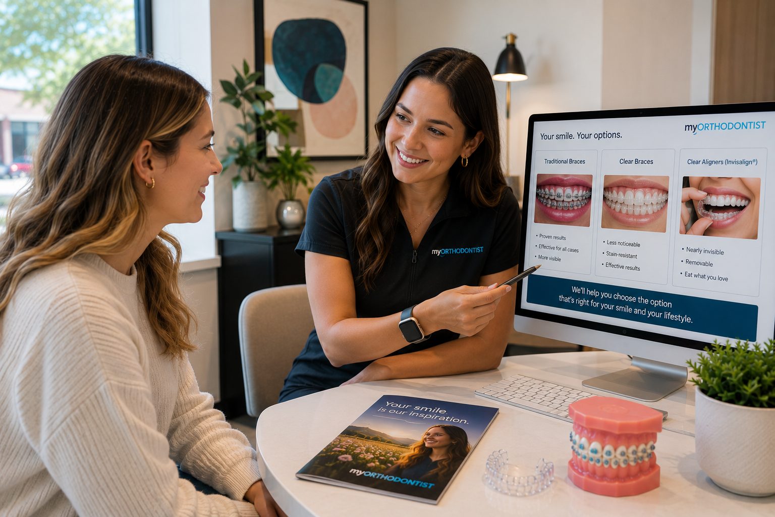 A treatment coordinator and a patient reviewing a printed guide, with a dental model and a clear aligner on the desk.