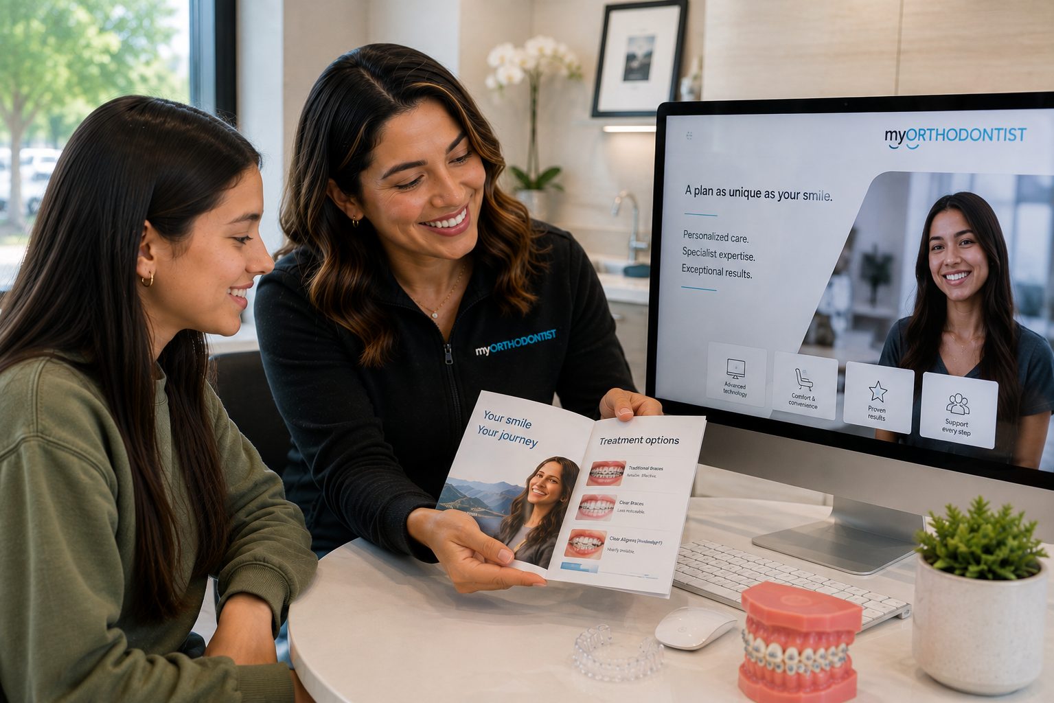 A treatment coordinator handing a printed guide to a smiling teenage patient at a consultation desk.