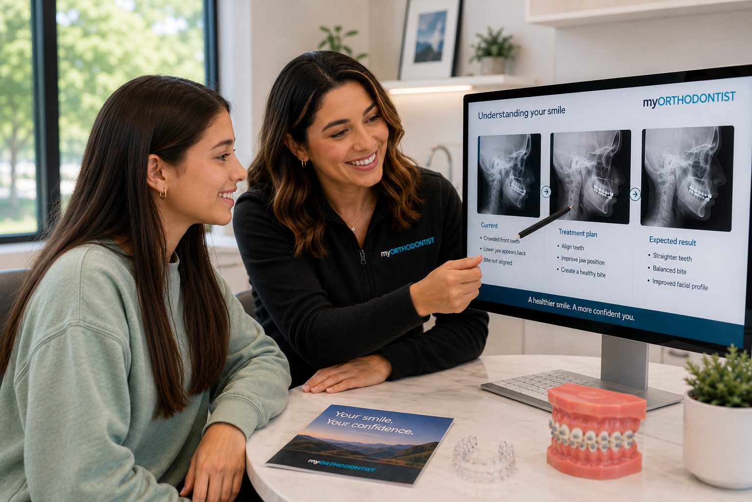An orthodontic team member pointing at a bite comparison on a monitor while a patient looks on.
