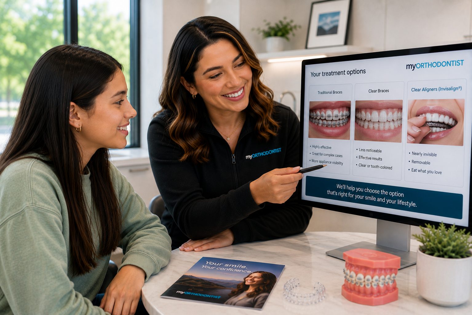 A treatment coordinator and a patient at a desk, looking at two treatment options side by side on a monitor.