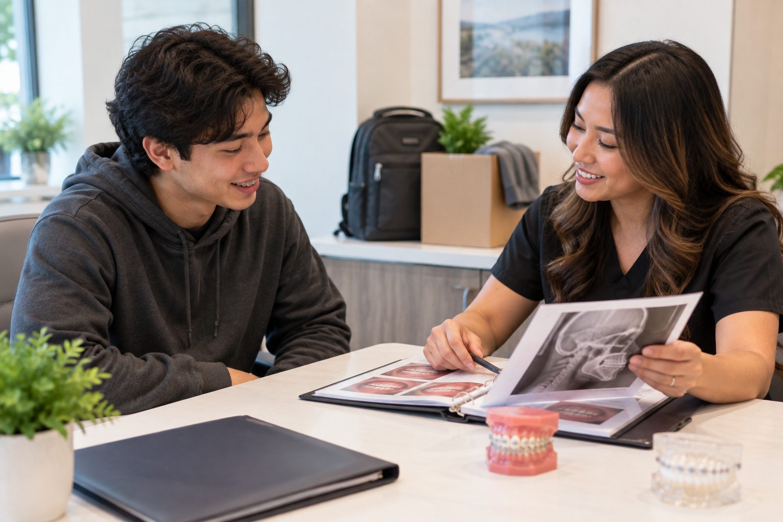 A treatment coordinator and a young patient going through a folder of orthodontic records and models, with moving boxes in the background.