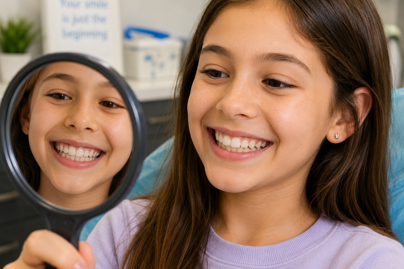 A girl seeing her teeth in a hand mirror on the day her braces came off.