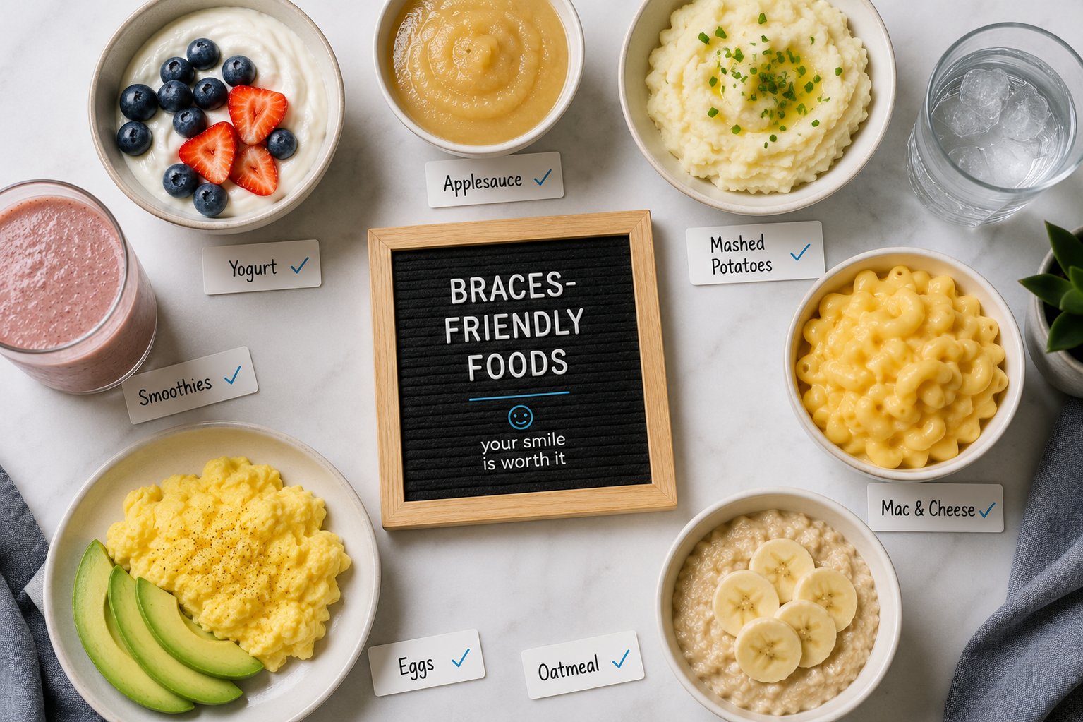 Braces-friendly foods laid out: yoghurt, apple sauce, mashed potato, macaroni cheese, eggs, porridge and a smoothie.