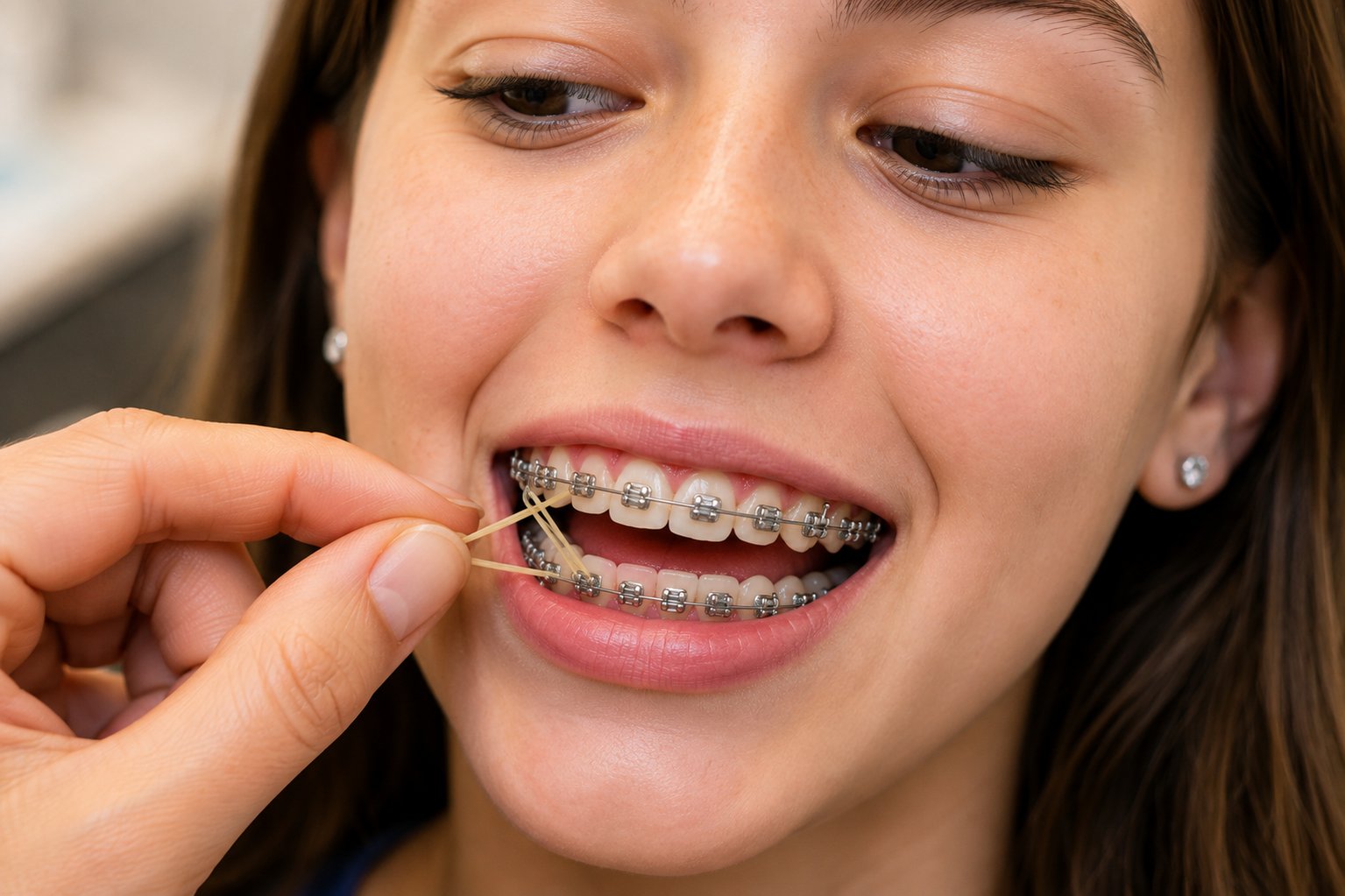 A patient hooking an orthodontic elastic between the upper and lower braces.