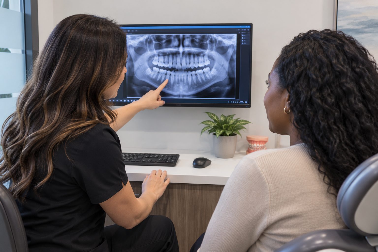 A clinical team member pointing at a panoramic radiograph on a wall-mounted screen while a patient looks on.