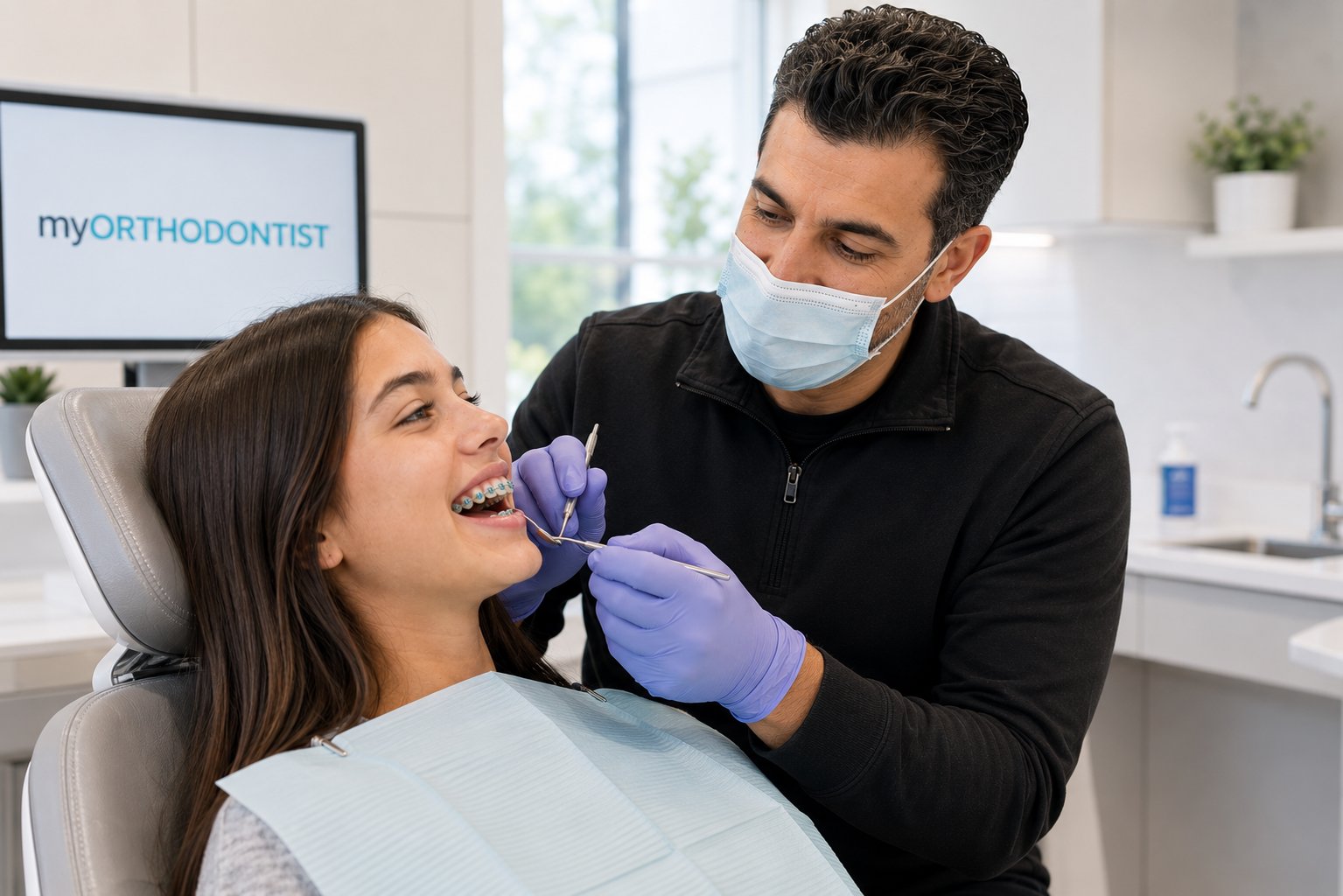 An orthodontist examining a teenage patient's teeth in the treatment chair.