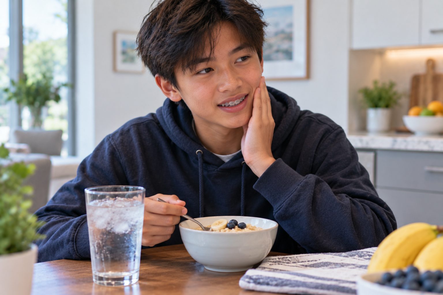 A teenager resting a hand against his cheek at breakfast, with a bowl of porridge and a glass of iced water in front of him.