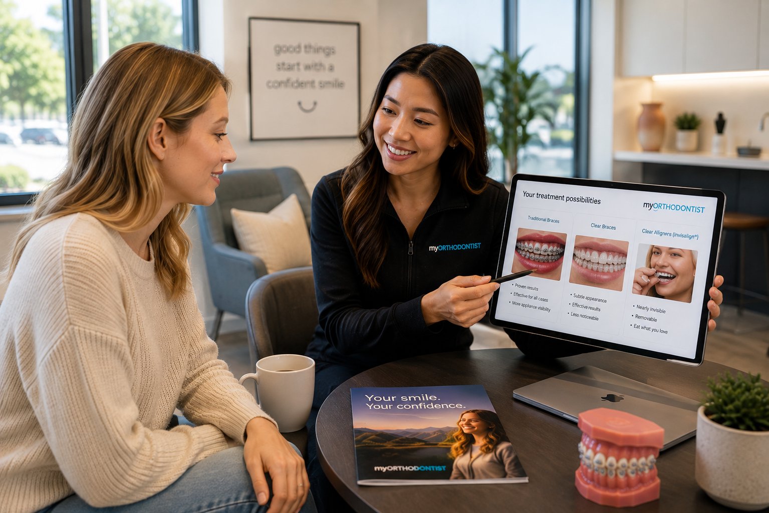 A treatment coordinator talking a patient through her options on a tablet.