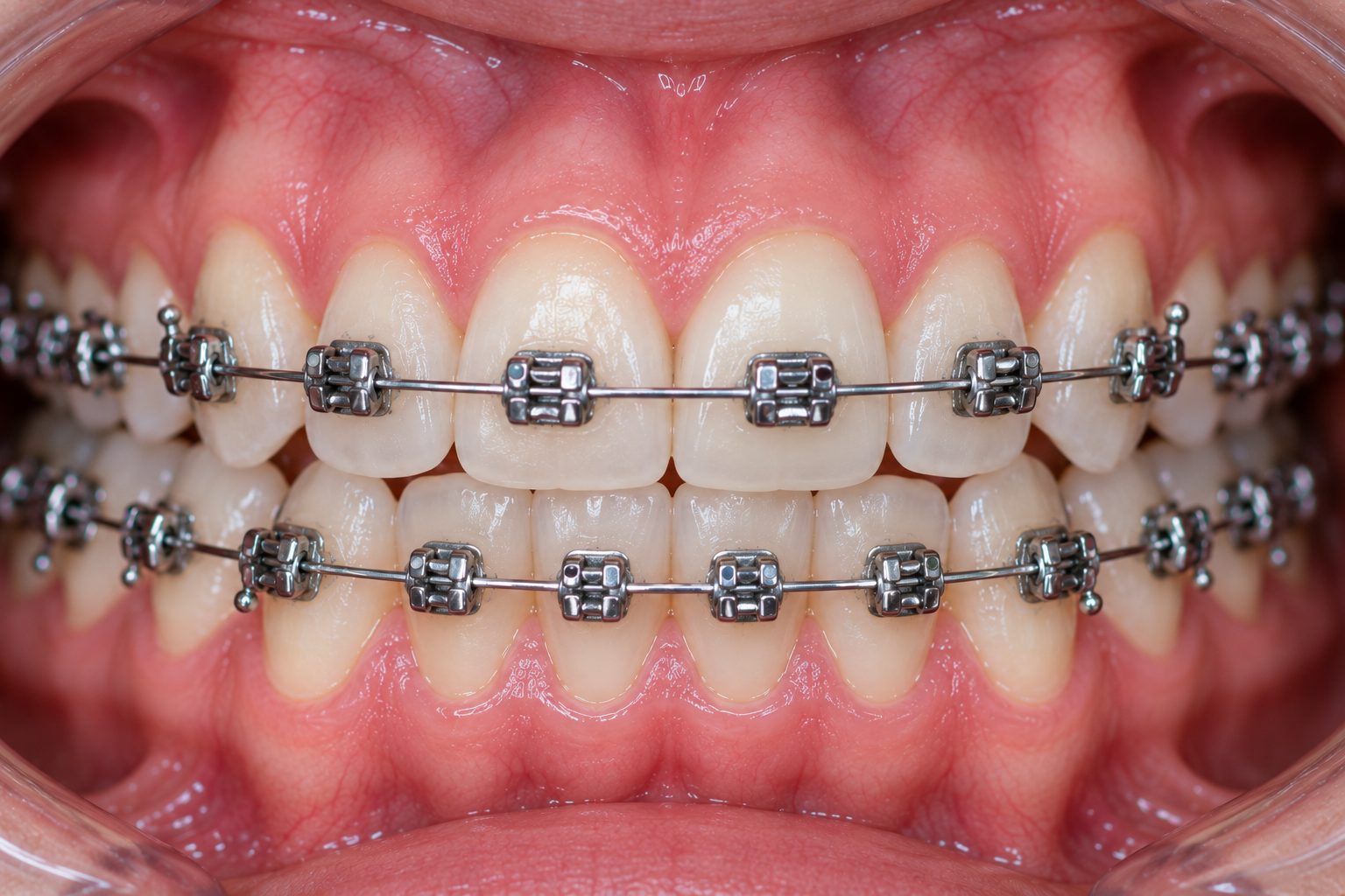 Close-up of metal braces on upper and lower teeth with pink, firm gums and no swelling at the bracket edges.