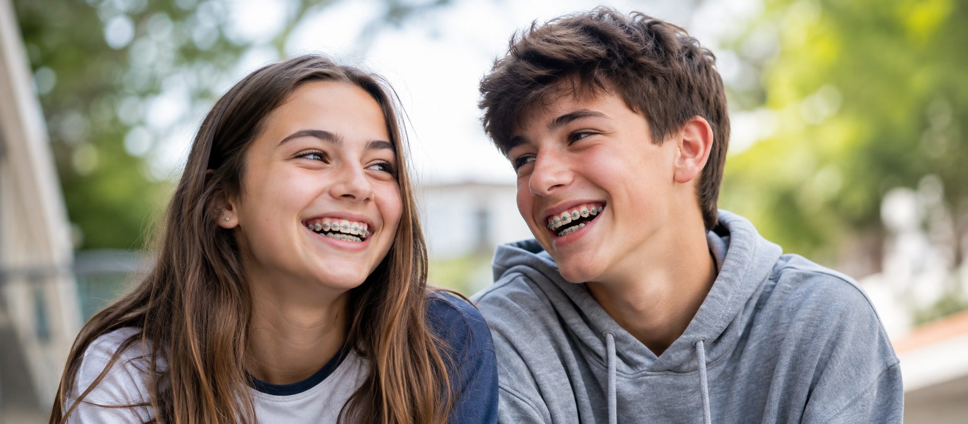 Two teenagers laughing outdoors, both wearing metal braces.
