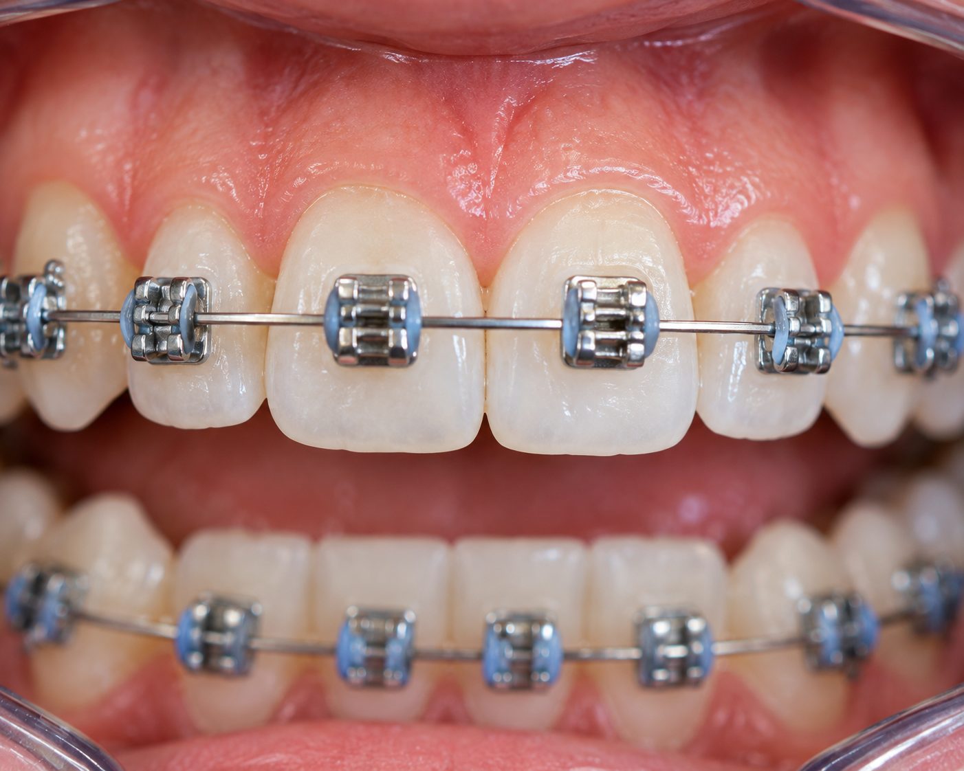 Close-up of a metal archwire seated in the slots of upper brackets, held by coloured ligature ties.