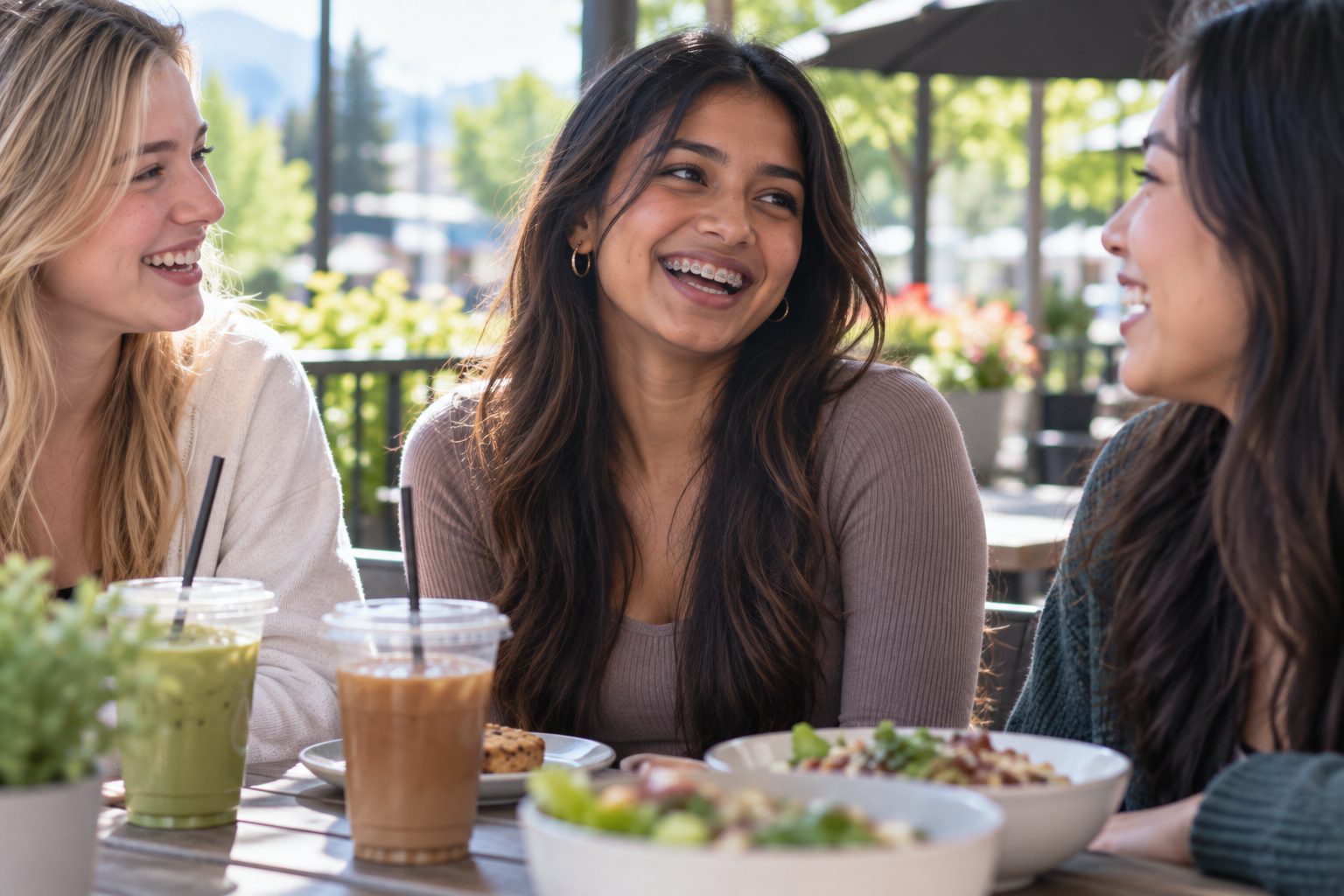 A young woman with metal braces laughing with two friends over lunch at an outdoor cafe table.