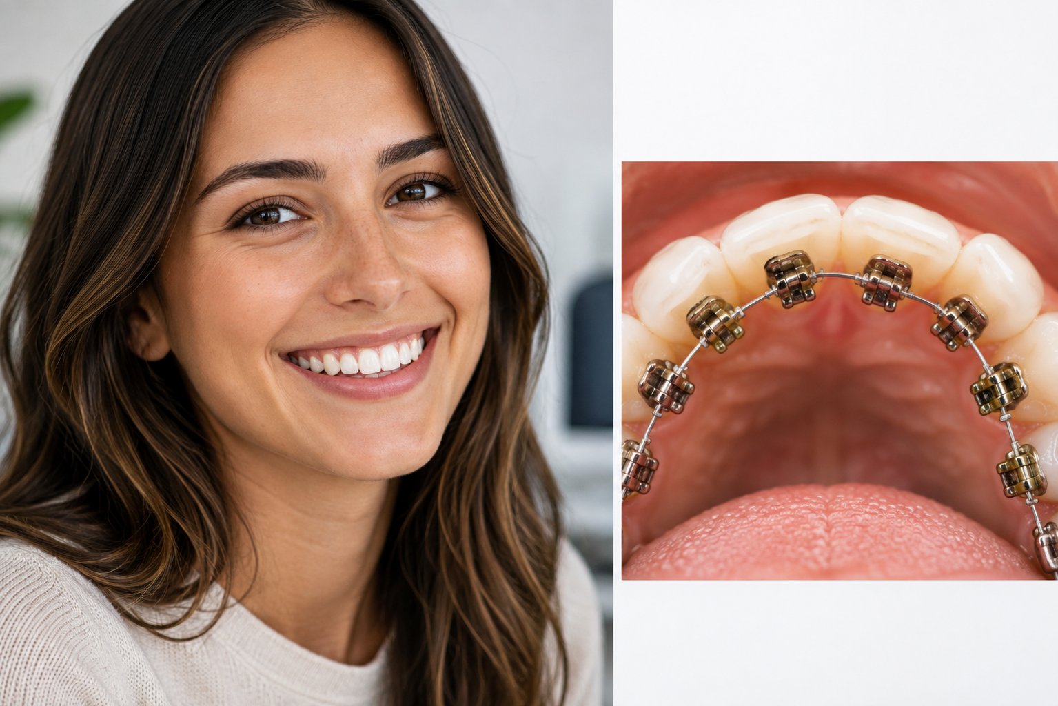 A woman smiling with no visible appliance, beside a view of lingual brackets bonded behind her upper teeth.