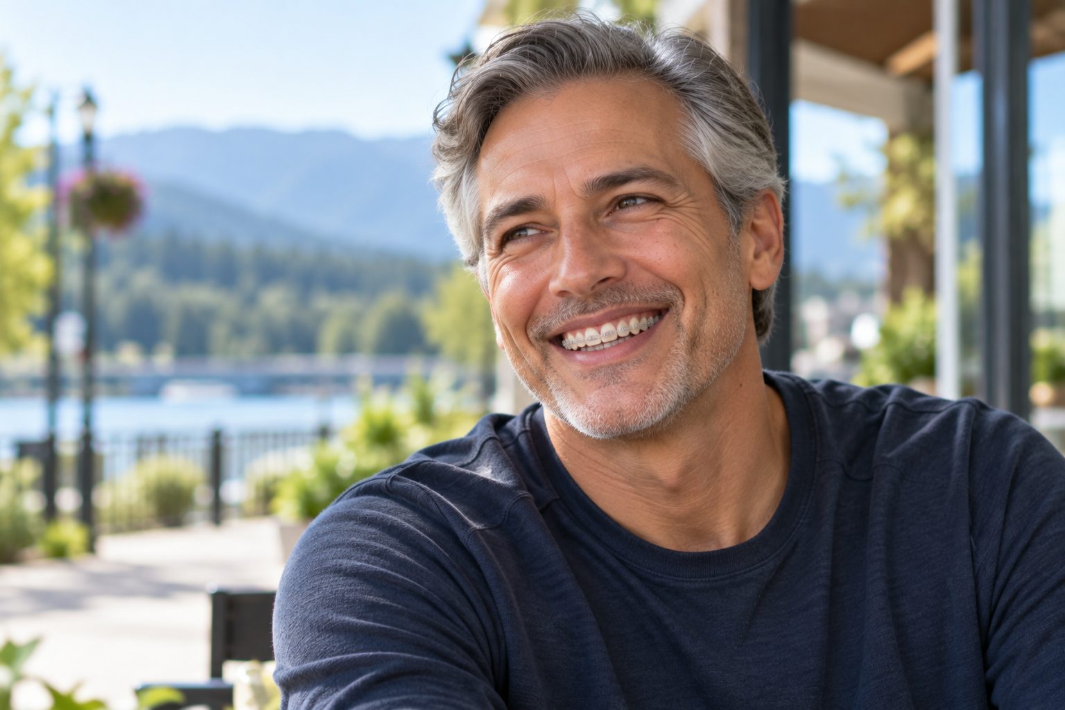 A man in his fifties with grey hair smiling outdoors, wearing clear ceramic braces on his upper teeth.