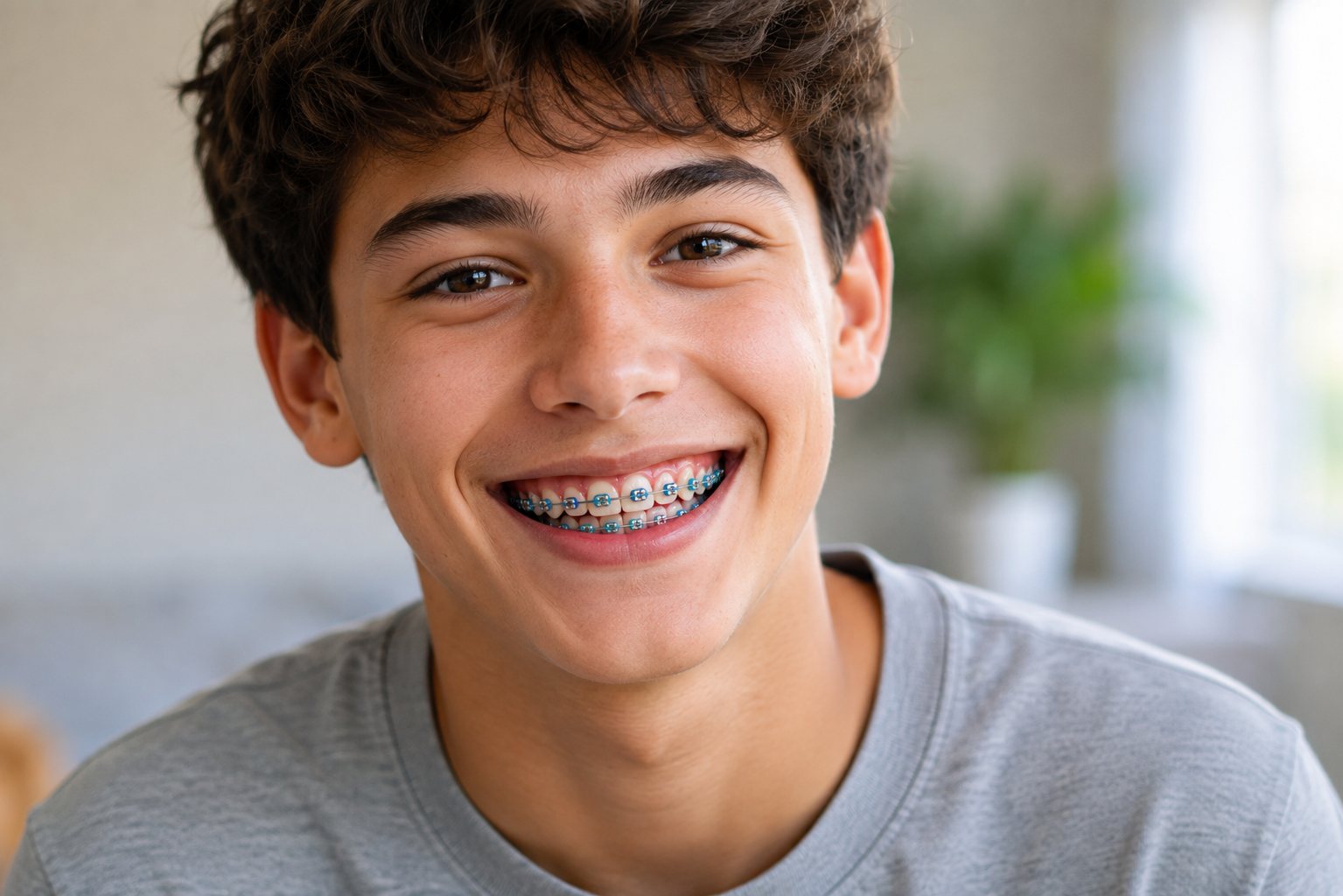 Teenage boy smiling with metal braces and blue elastic bands.