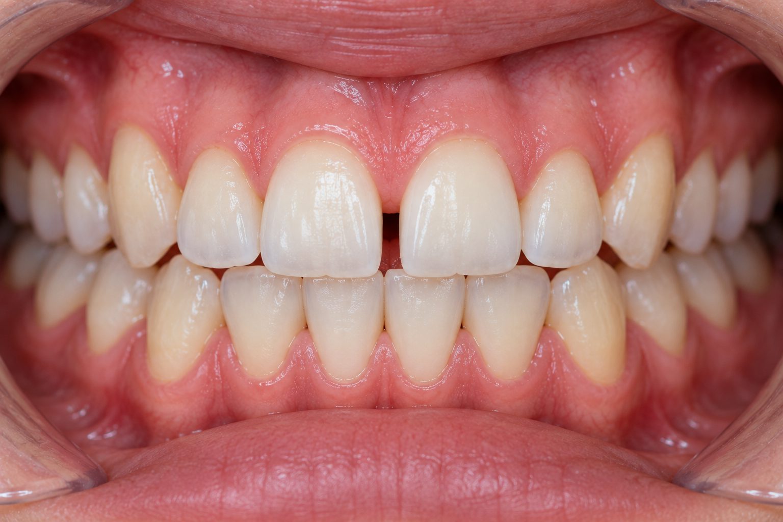 Close-up of upper front teeth with a visible gap between the two central incisors.
