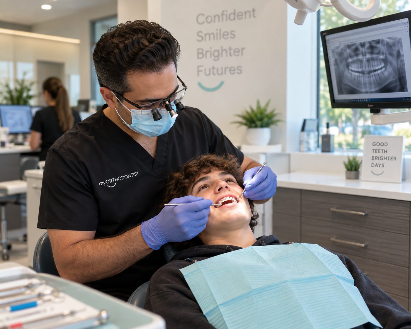 An orthodontist wearing loupes working on a young patient in the dental chair, with a monitor and clinic wall in the background.