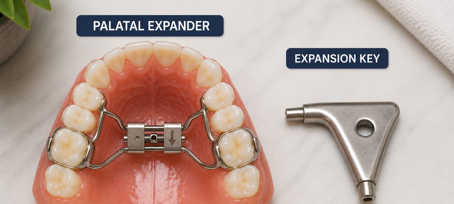 A rapid palatal expander fitted to a model of the upper jaw, beside the small key used to turn it.