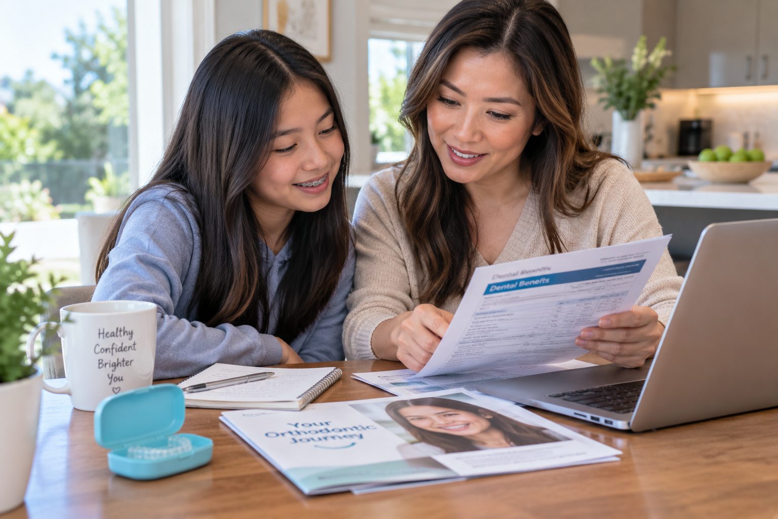 A parent and teenager sitting at a kitchen table reading a printed benefits statement together, with a laptop open beside them.