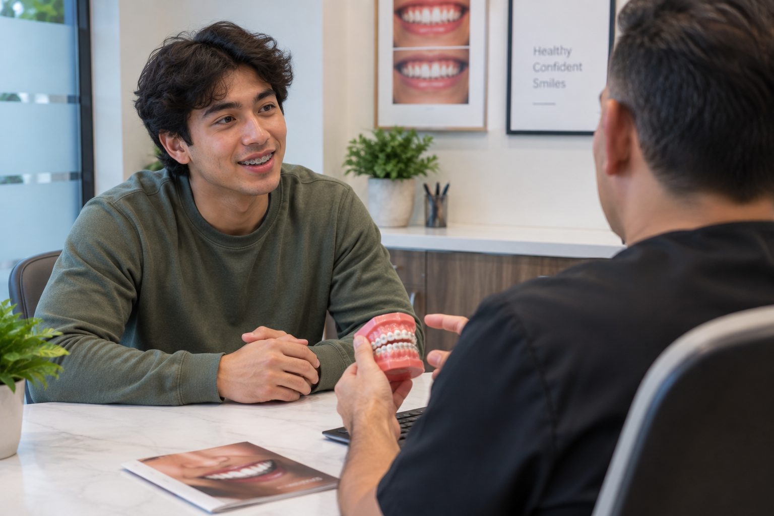 A young man in a consultation room talking with an orthodontist, seen from behind, who is holding a dental model.