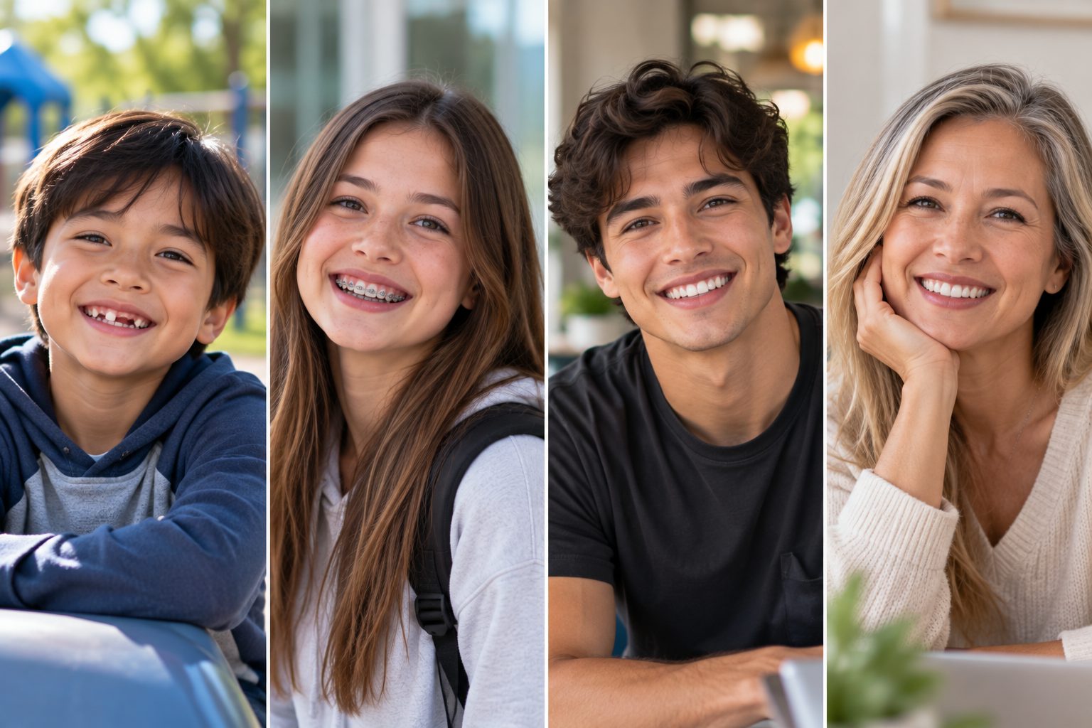 Four portraits side by side: a boy of about eight, a teenage girl with metal braces, a young man and a woman in her forties.