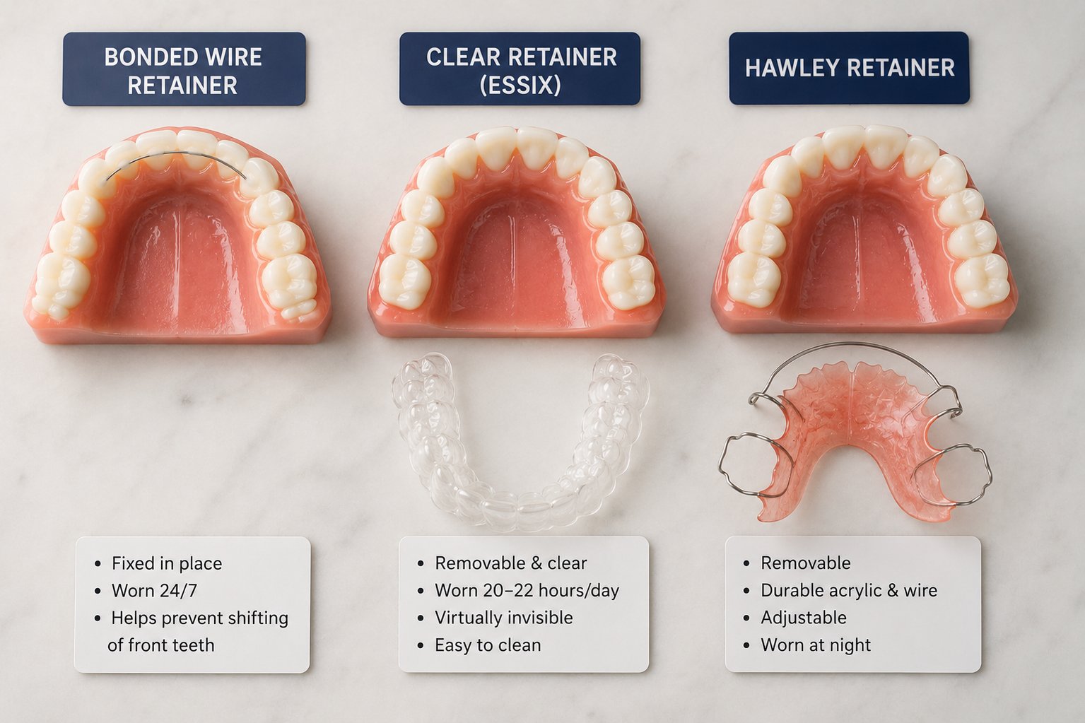 Bonded wire, clear Essix and Hawley retainers shown side by side on models.
