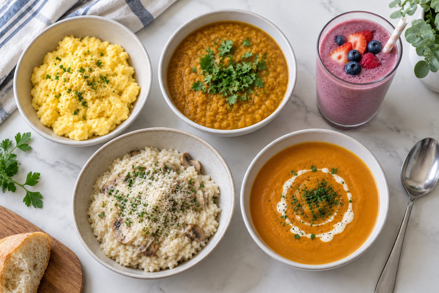An overhead view of soft foods in bowls: scrambled eggs, lentil dal, a berry smoothie, mushroom risotto and a pureed soup.