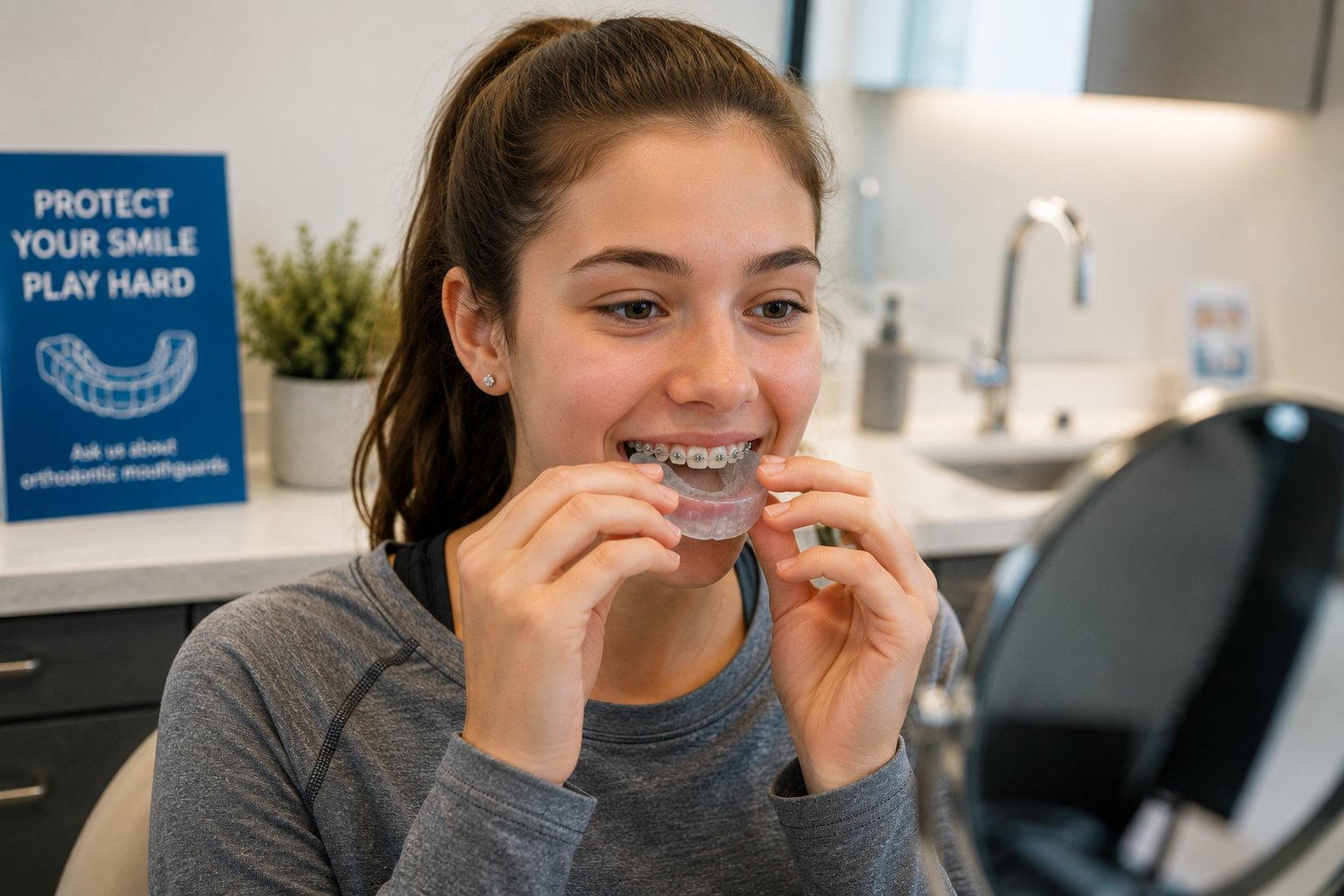 A teenage athlete fitting an orthodontic mouthguard over her braces.