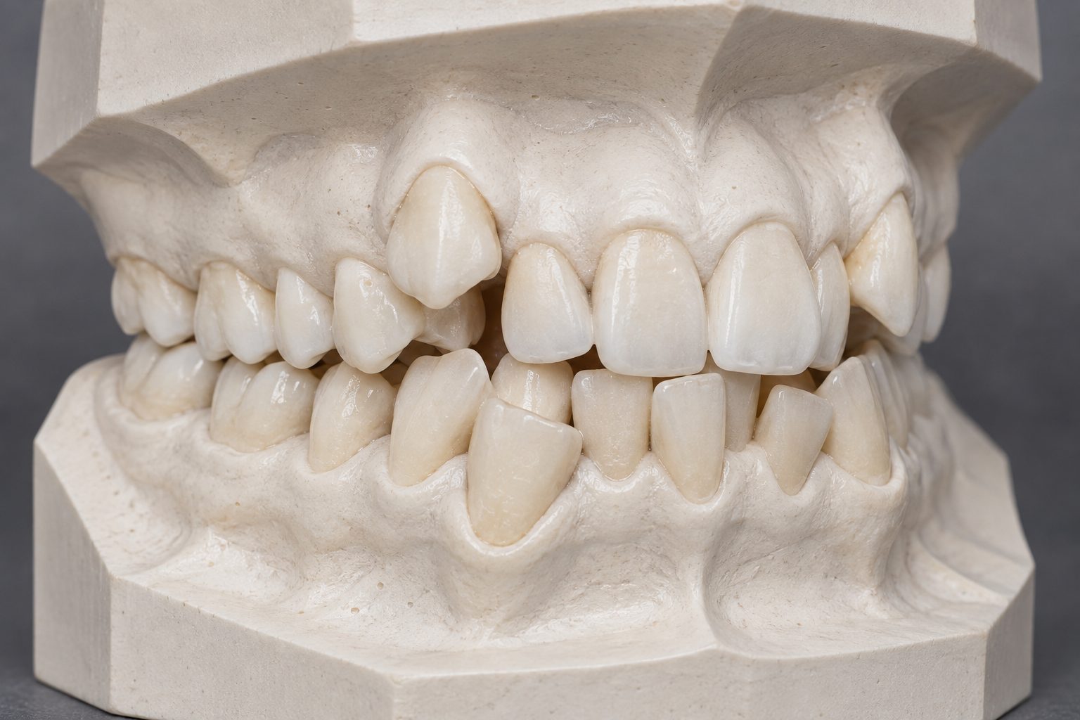 A plaster study model of upper and lower teeth in occlusion showing severe crowding, with an upper canine blocked out high in the gum.