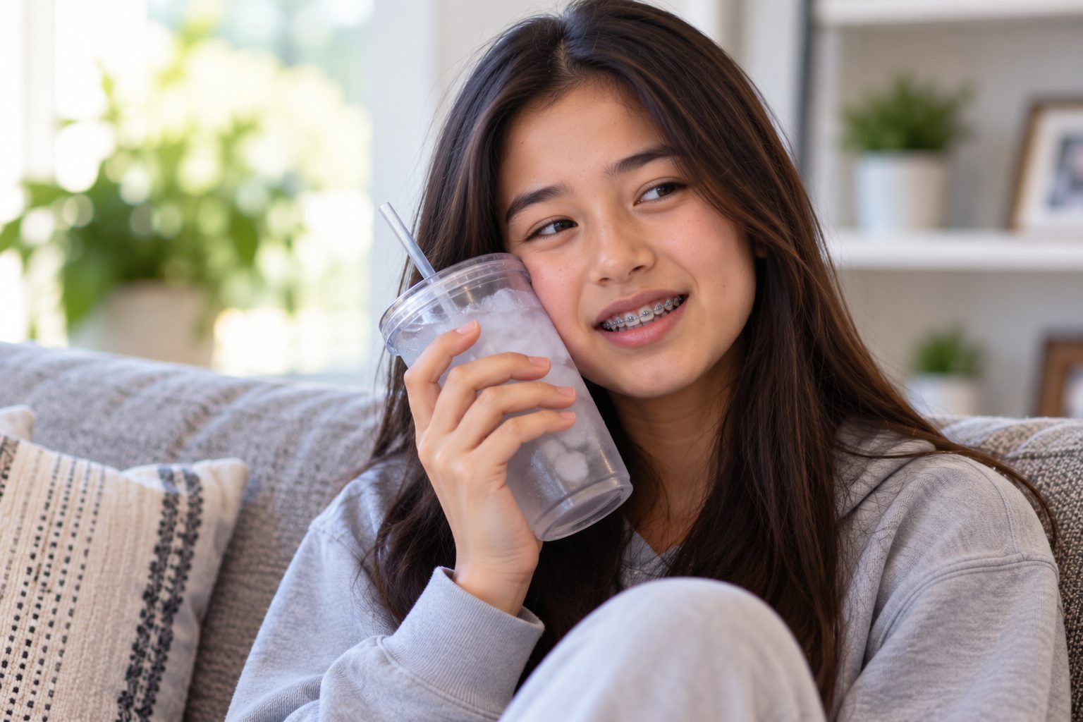 A teenager with braces sitting on a sofa, holding a cold drink against her cheek.