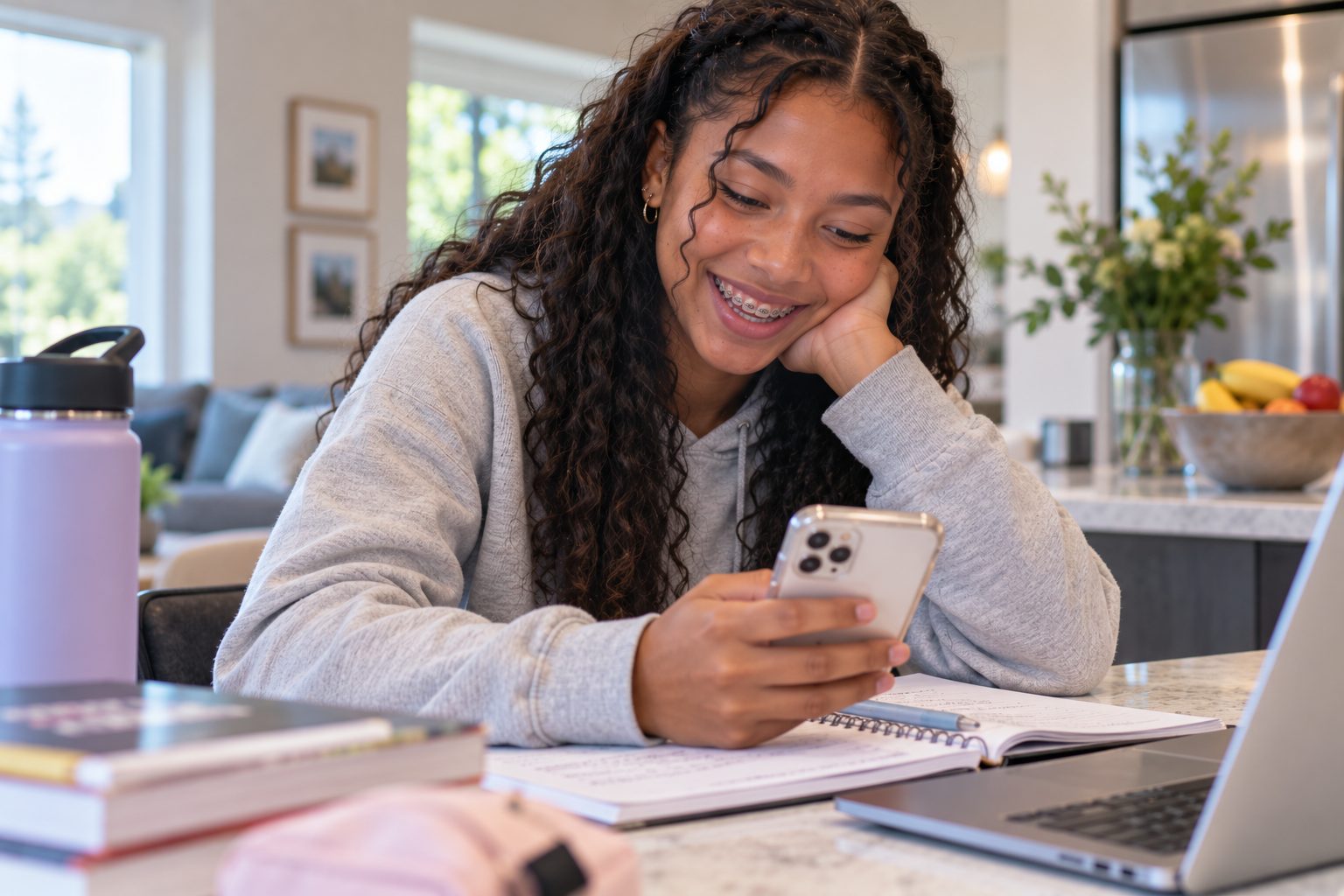 A teenager with metal braces smiling at her phone while doing homework at a kitchen table.