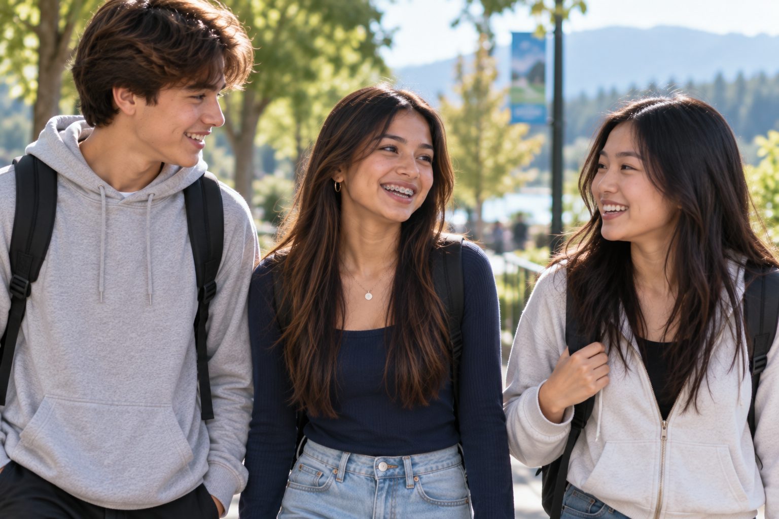 Three teenagers walking together outdoors on a sunny day; one is wearing metal braces.
