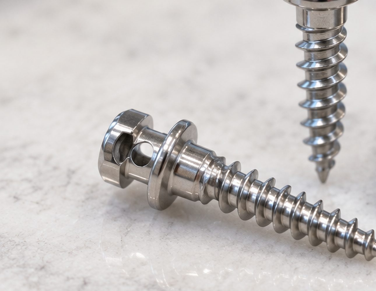 Two titanium temporary anchorage devices, small threaded mini-screws with a slotted head, lying on a marble surface.