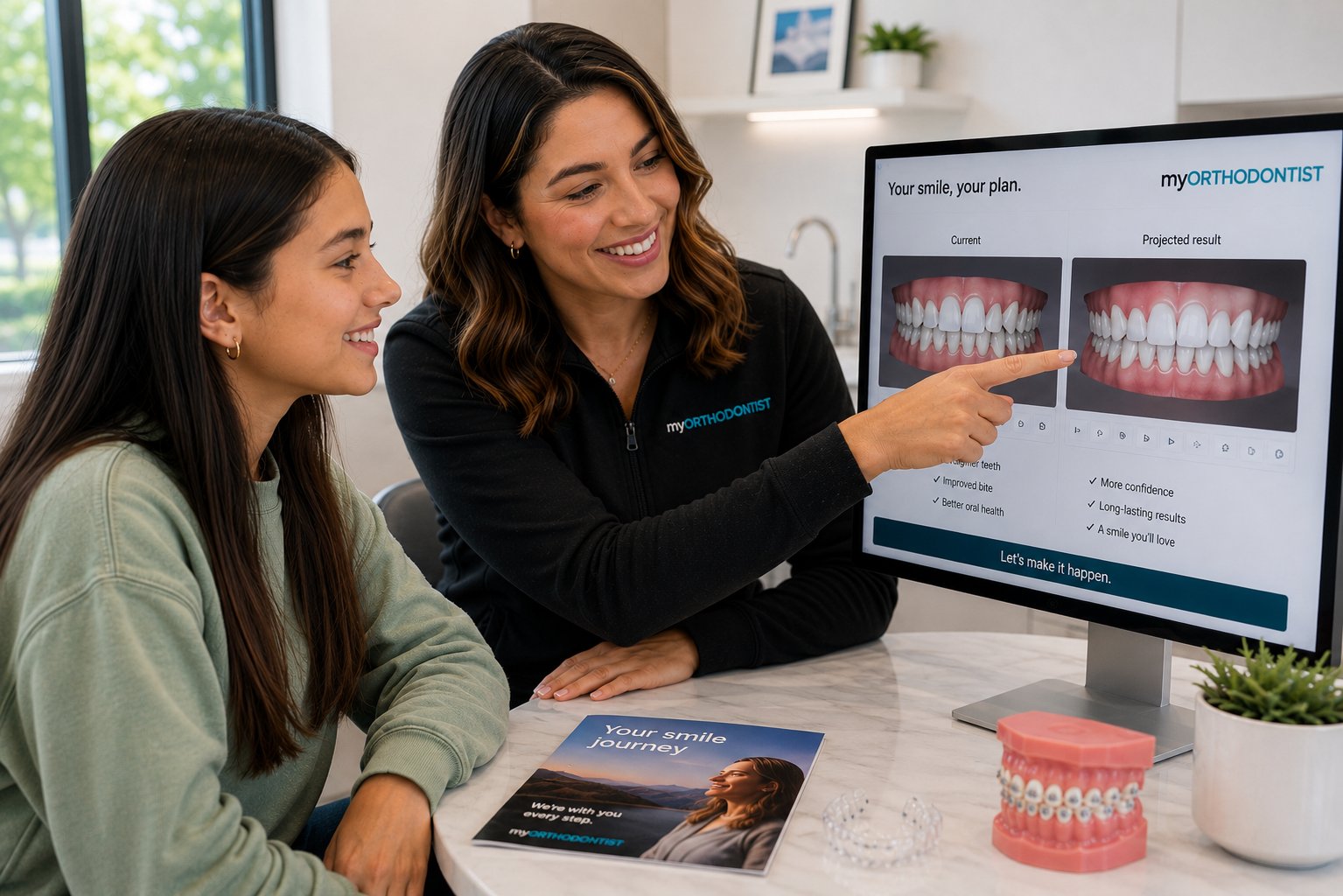 A treatment coordinator showing a patient her current bite alongside the planned result.