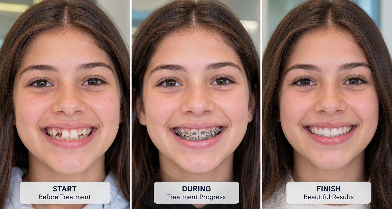 Illustration of the same smile at three stages: before treatment with uneven front teeth, part-way through with metal braces, and after braces are removed.